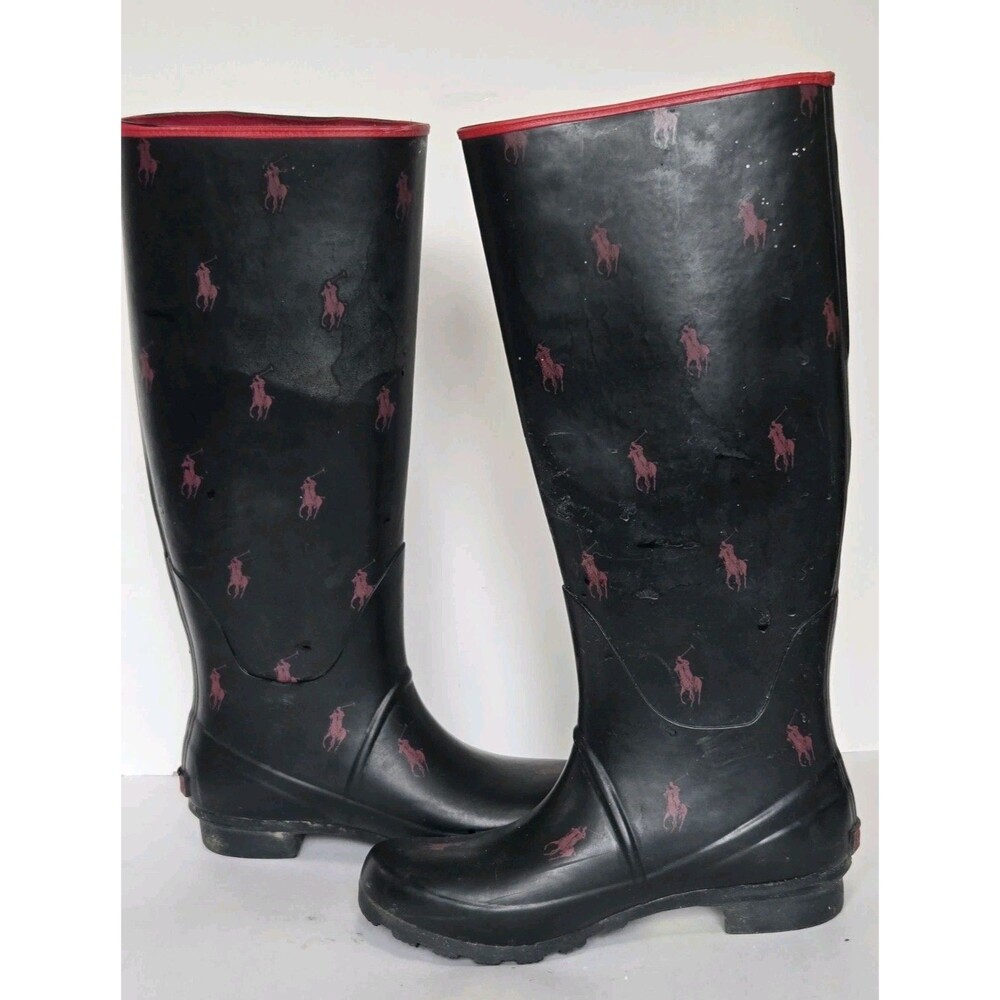 Polo Ralph Lauren Boots Womens 8 Proprietor Rain Black Red Pony All Over Print